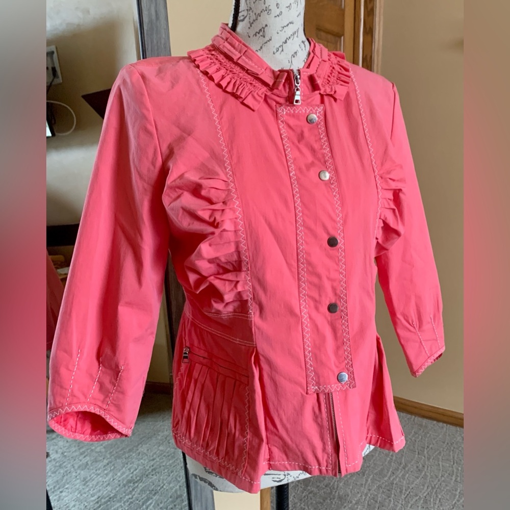 Ezzenza Womens Casual Lightweight Zip  Jacket Bright Coral Gathered Size M